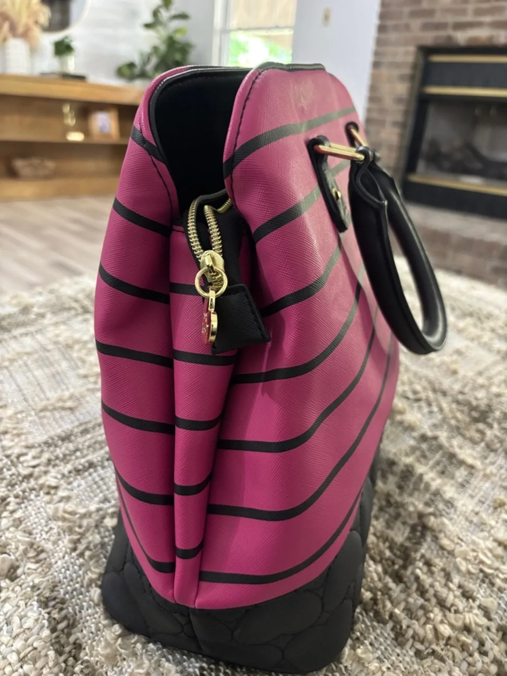 Betsey Johnson Pink and Black Striped‎ Satchel with Bow Charm Shoulder Bag NWOT